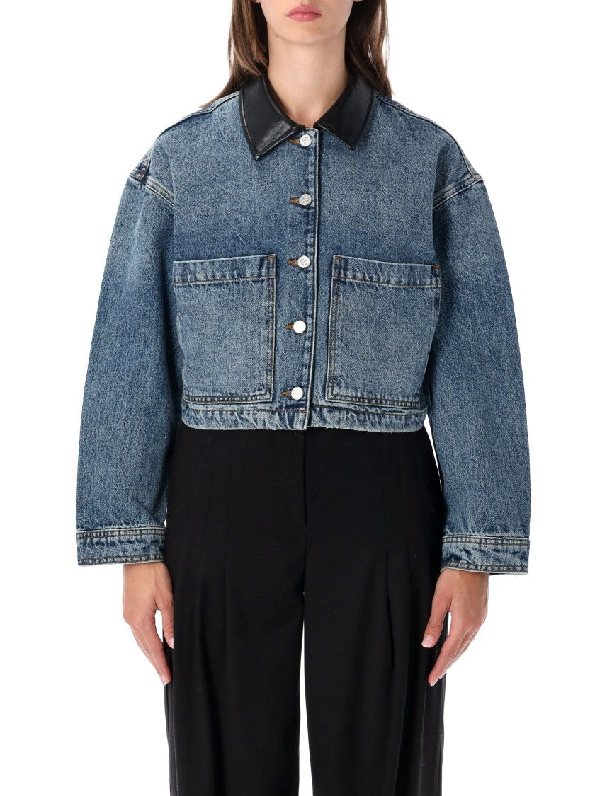 Anine Bing Yuma Boxy Cropped Leather Collar Denim Jacket