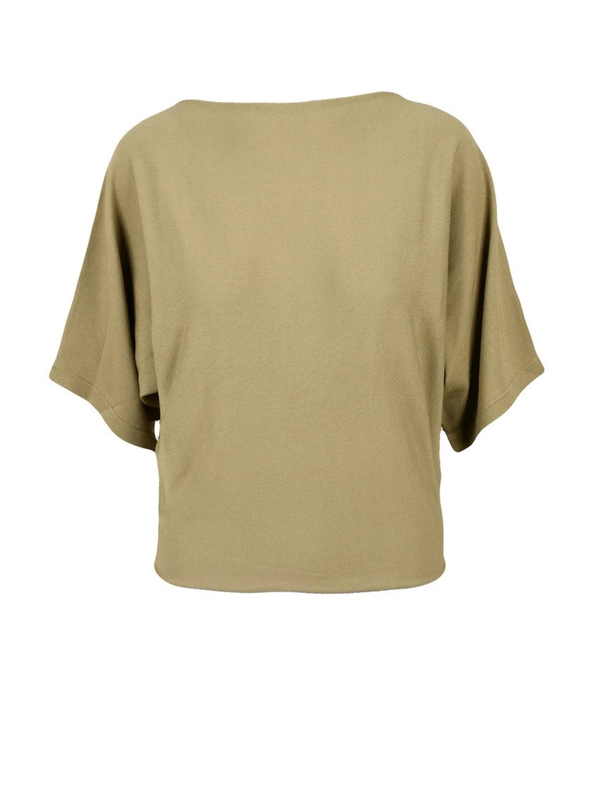 Alpha Studio Khaki Short Viscose-Blend Boat-Neck Top