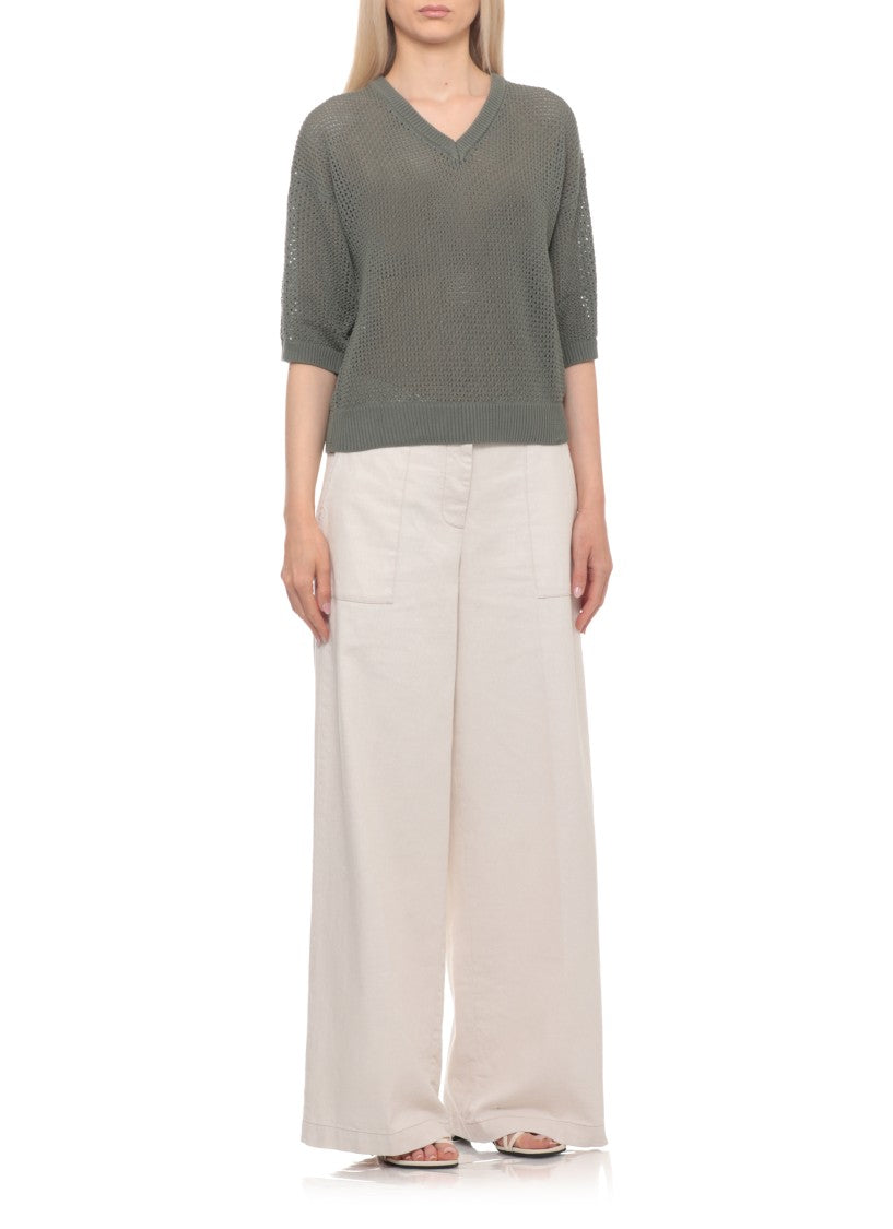 Peserico Grey V-Neck Perforated Sweater
