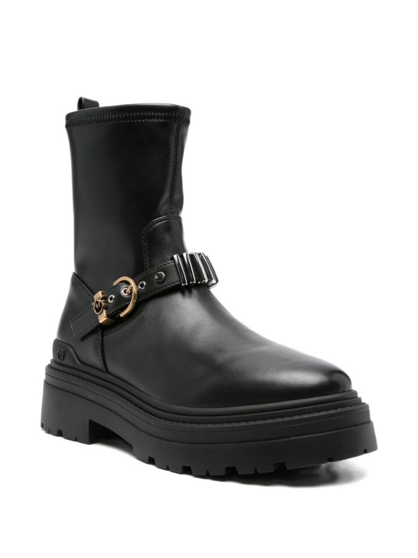 Pinko Black Leather Ankle Boots With Buckle Detail