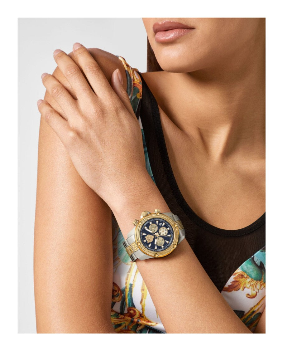 Plein Sport Chronograph Timepiece With Two-Tone Finish And Blue Guilloche Dial