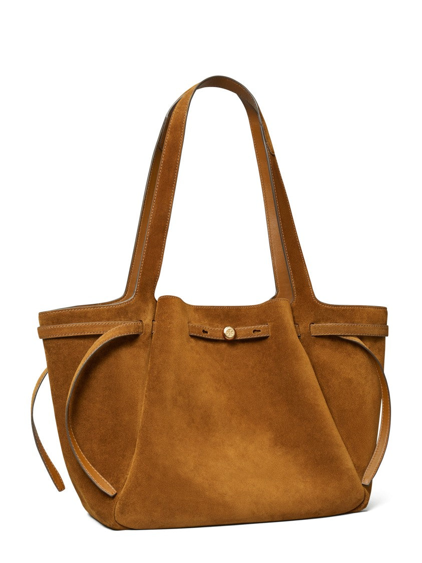 Tory Burch Spacious Brown Suede Tote With Leather Trim Accents