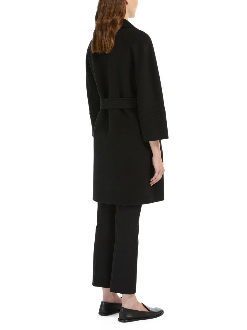 Max Mara Belted Black Coat With Wide Sleeves And Timeless Silhouette