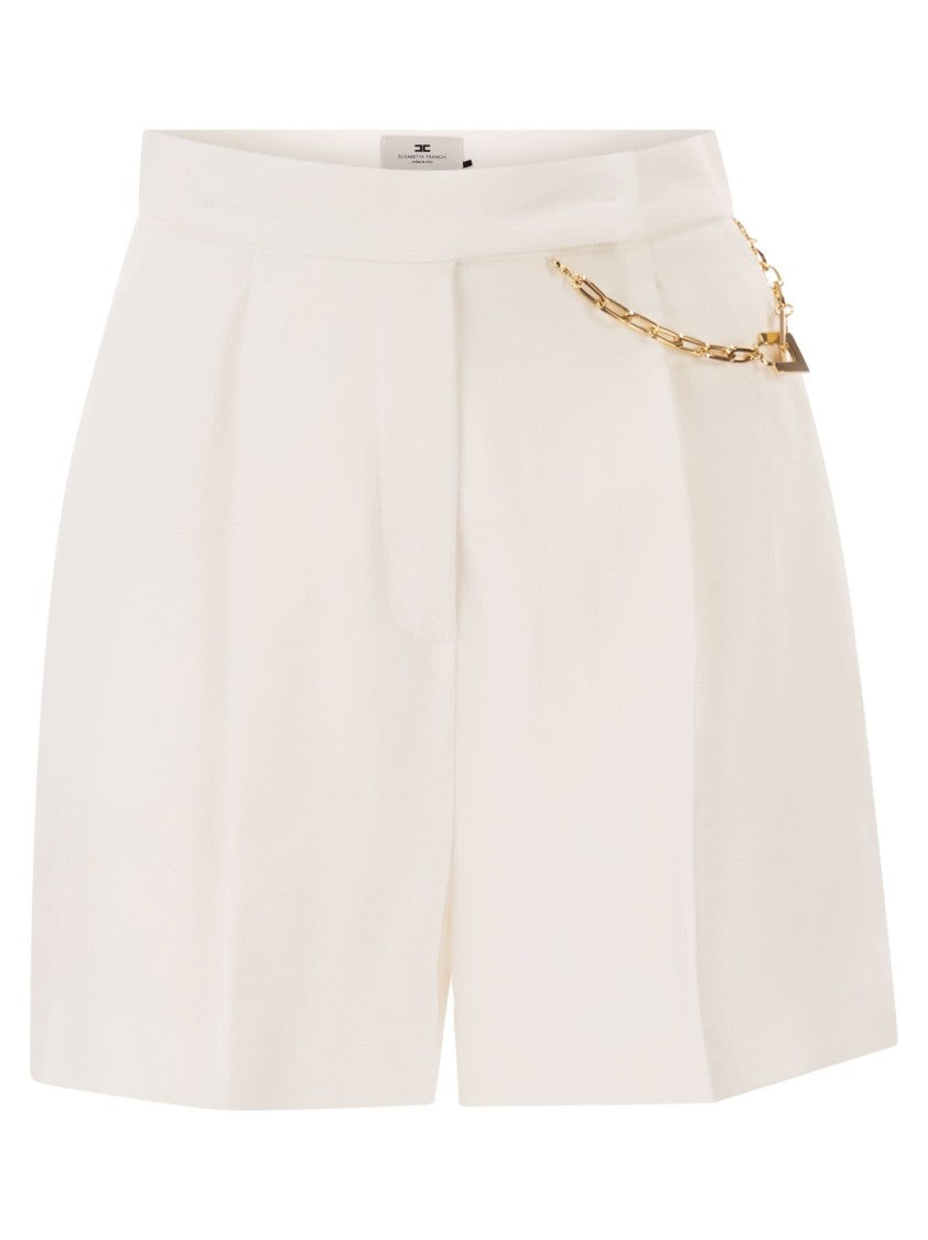 Elisabetta Franchi Gabardine Shorts With Jewelled Gold Logo Detail
