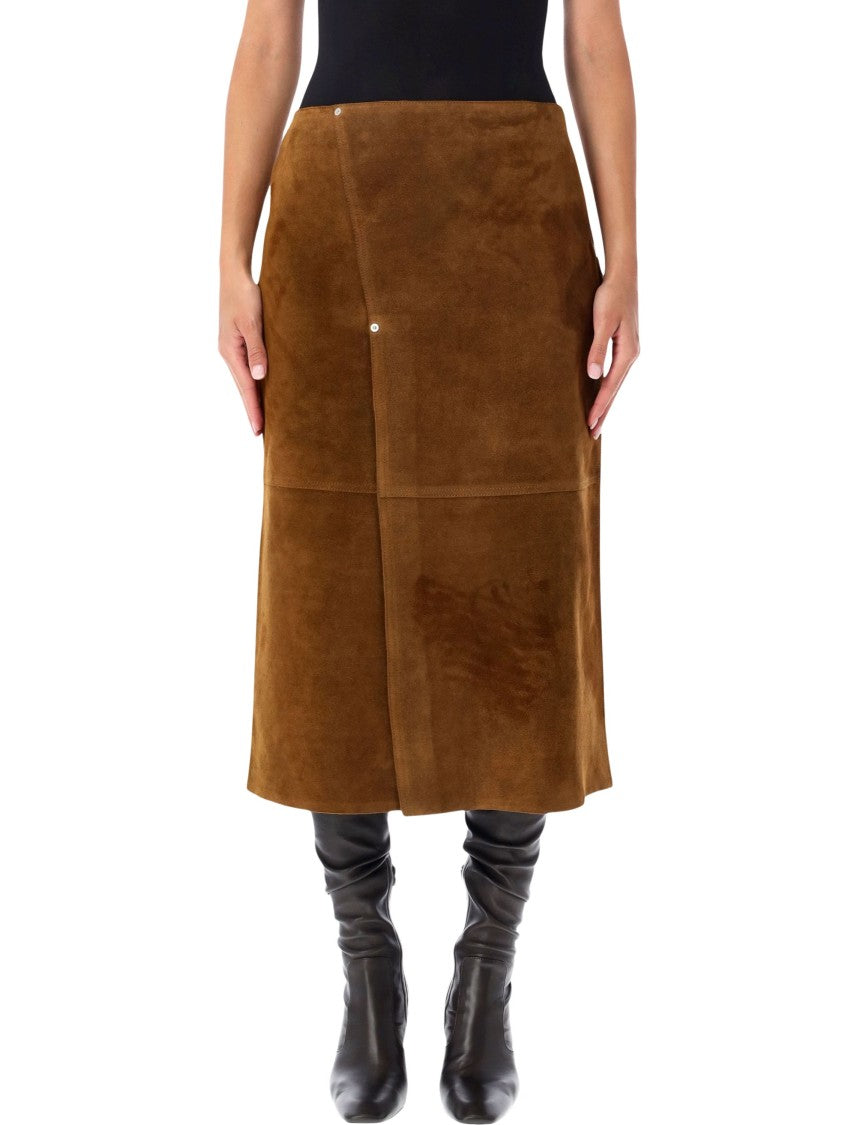Studio Nicholson Brown Suede Midi Skirt With Patchwork Design