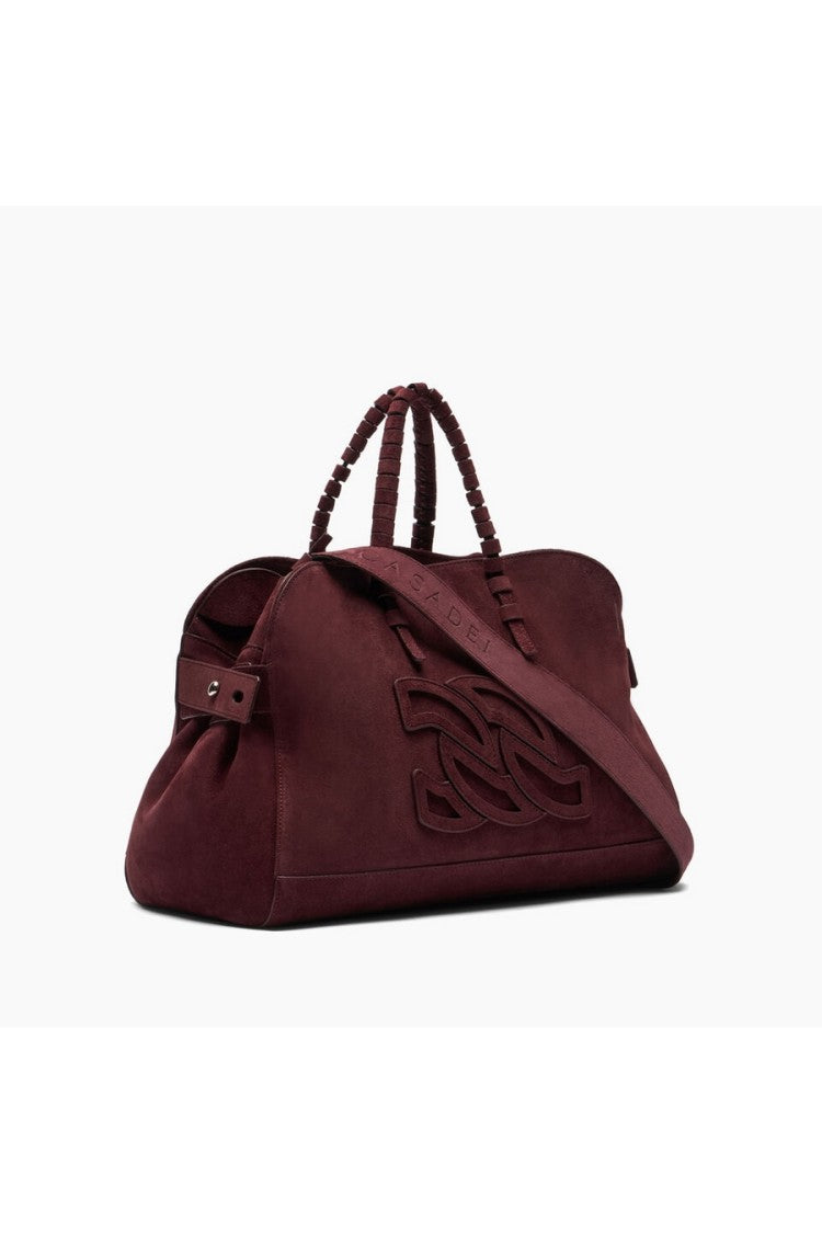 Casadei Burgundy Embossed Logo Adjustable Strap Suede Shoulder Bag