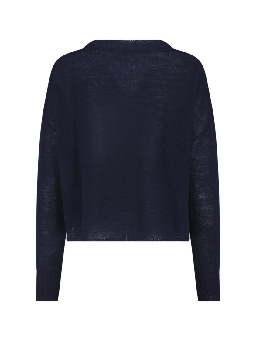 Ma'ry'ya Navy Blue Virgin Wool Patch-Pocket Crewneck Sweater