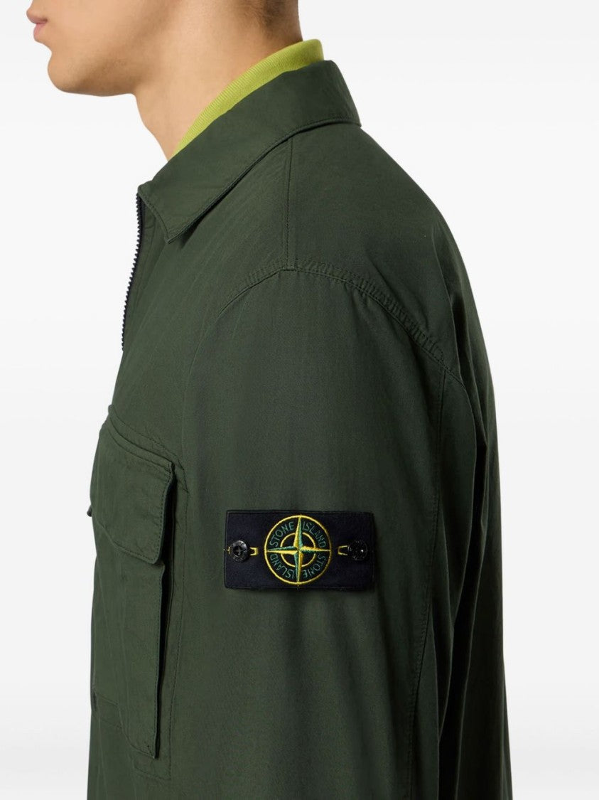 Stone Island Zip-Up Overshirt In Juniper Green With Logo Badge
