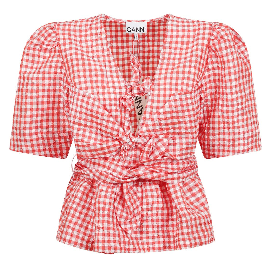 Ganni Puff-Sleeve Checked Blouse