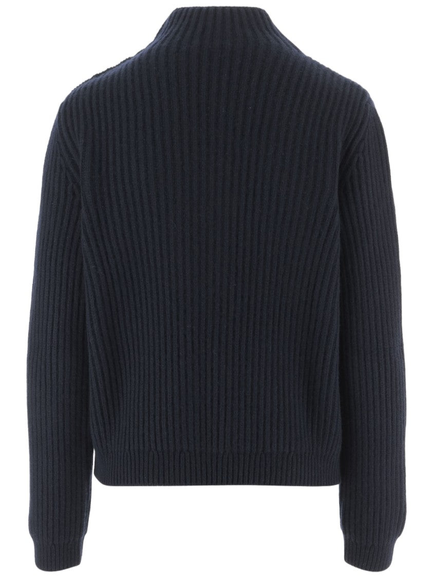 Salvatore Ferragamo Navy Ribbed Knit Wool-Blend Turtleneck