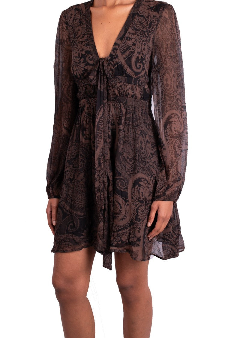 Pinko Brown Paisley Print Tie-Neck Viscose Mini Dress