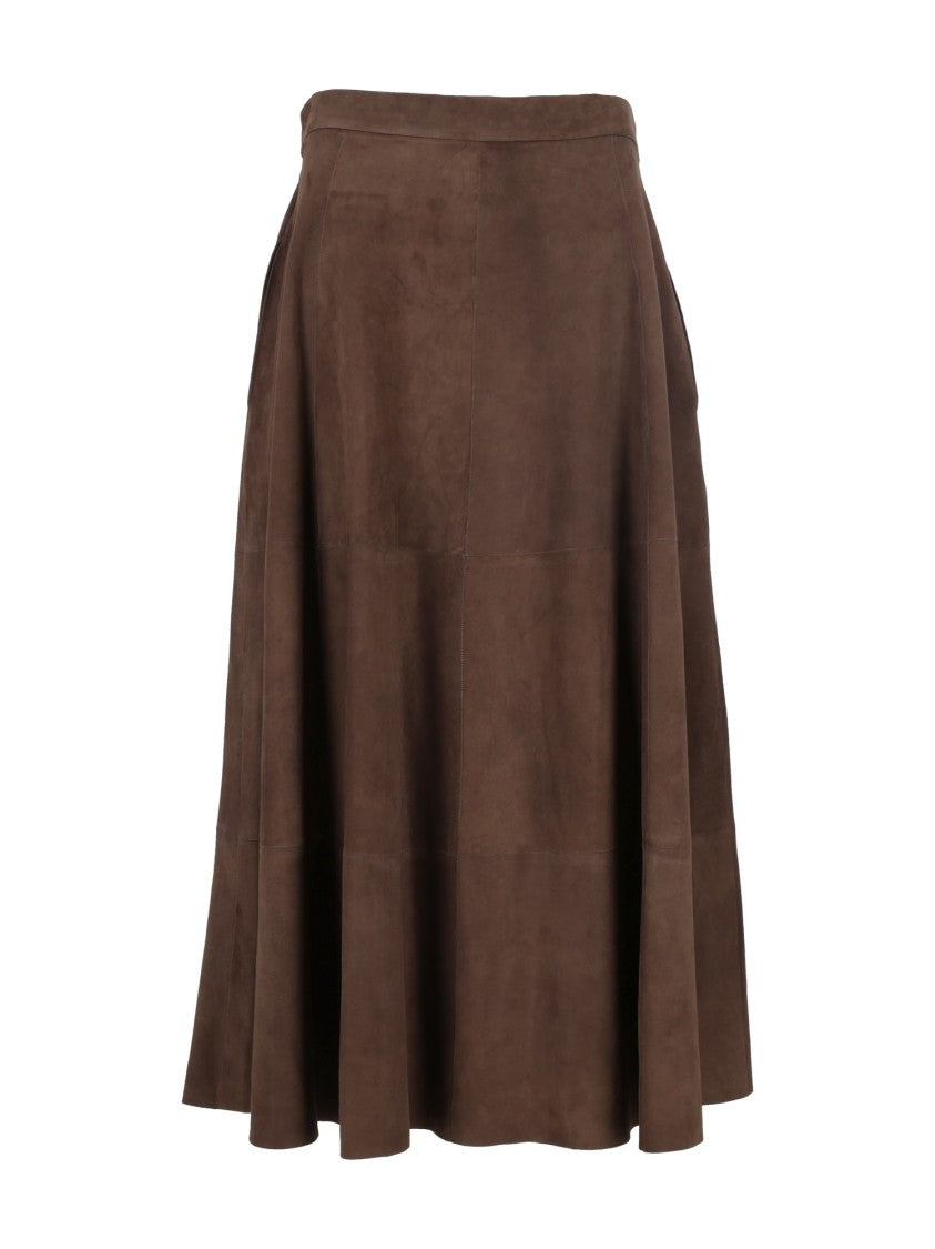 Antonelli Firenze Brown Flared Paneled Leather Midi Skirt