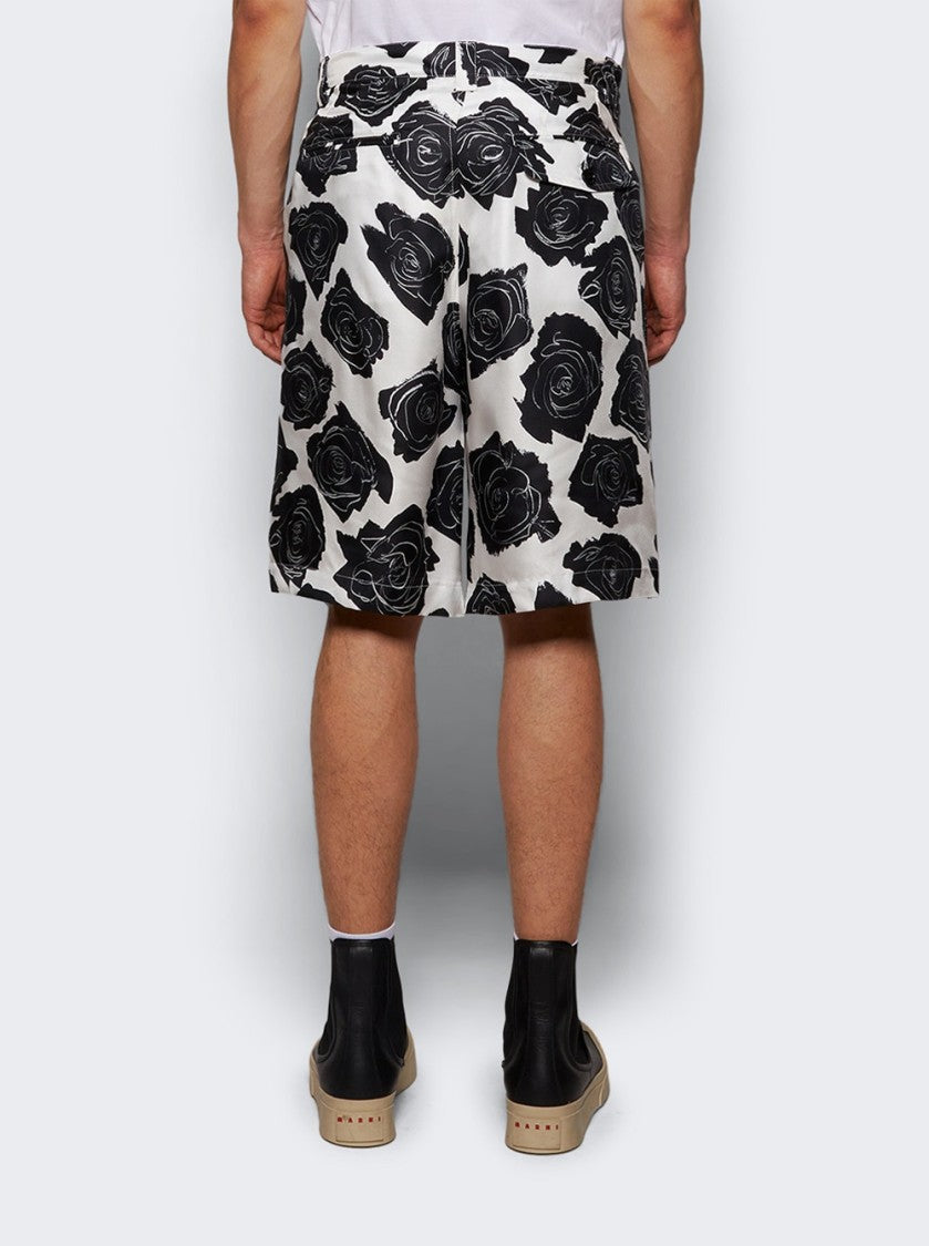 Marni Silk Shorts Lily White And Black Flowers