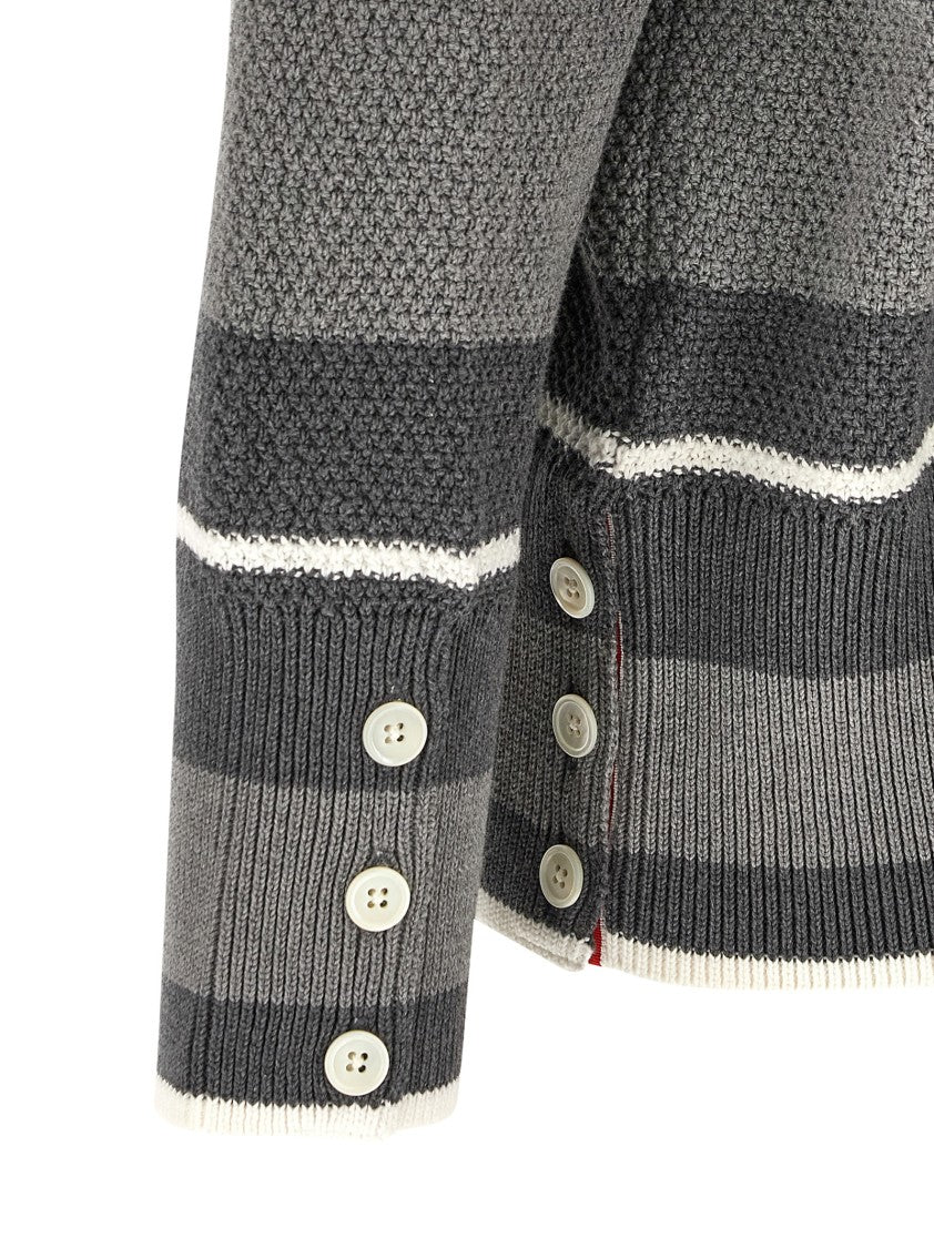 Thom Browne Heavy Cotton Striped Cardigan With Grosgrain Ribbon Plackets
