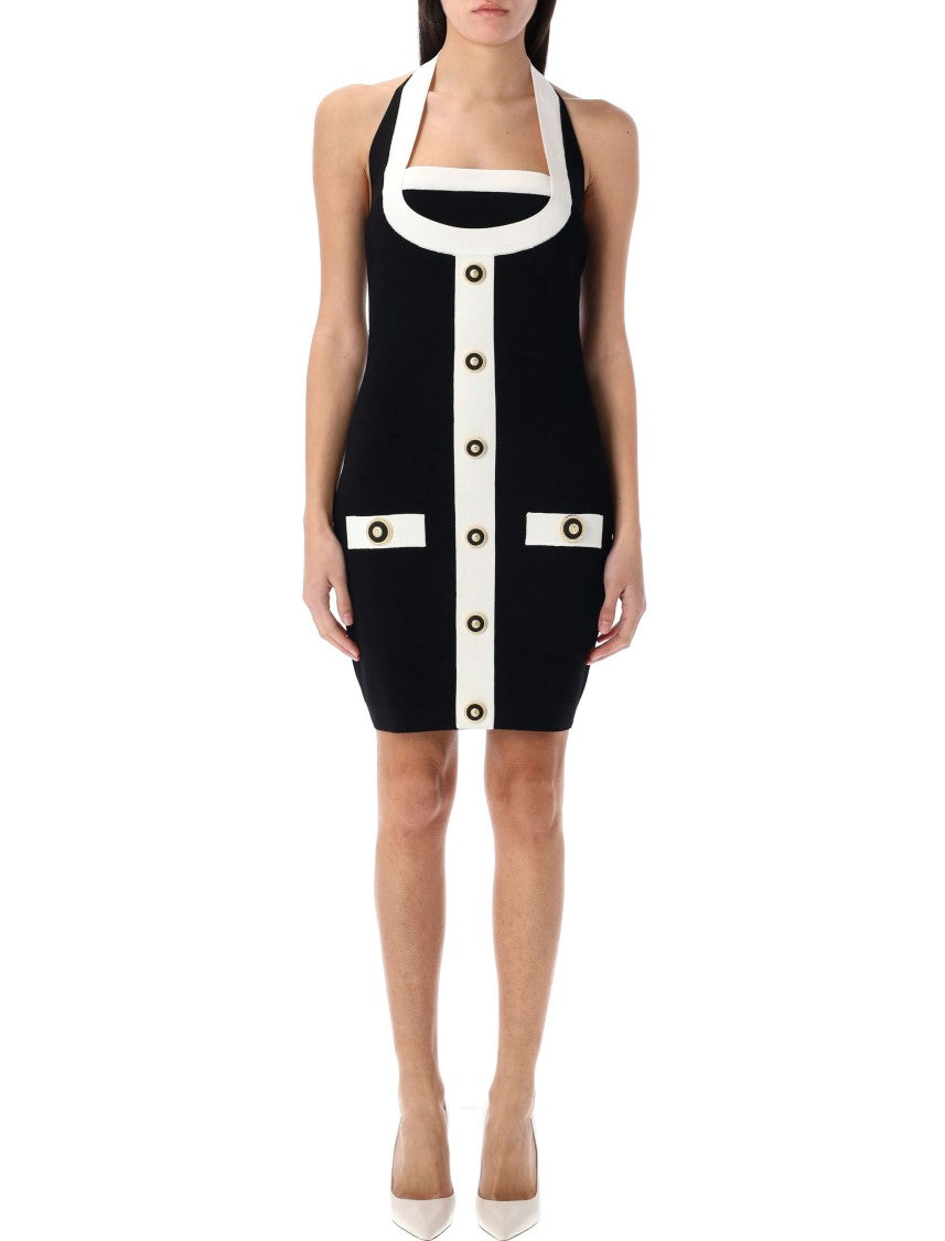 Balmain Two-Tone Halterneck Knit Mini Dress