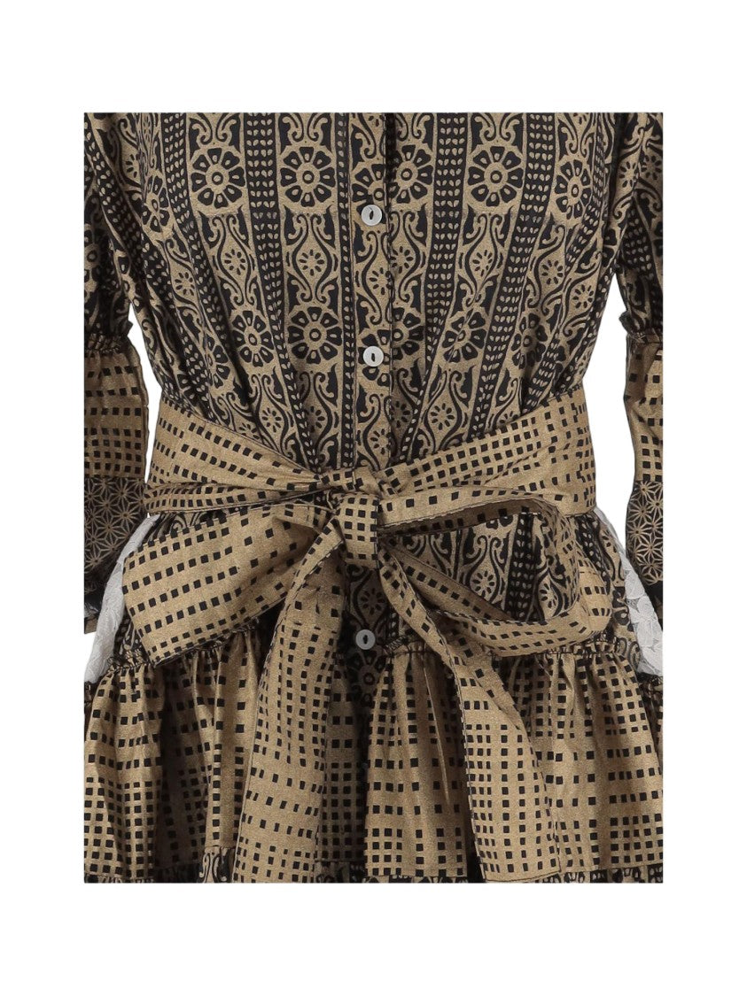 Pep's Cannes Geometric Pattern Cotton Dress With Mandarin Collar And Ruffled Skirt