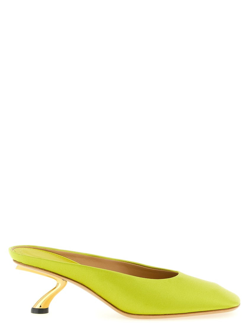 Ferragamo Satin Mules With Sculptural Golden Heel