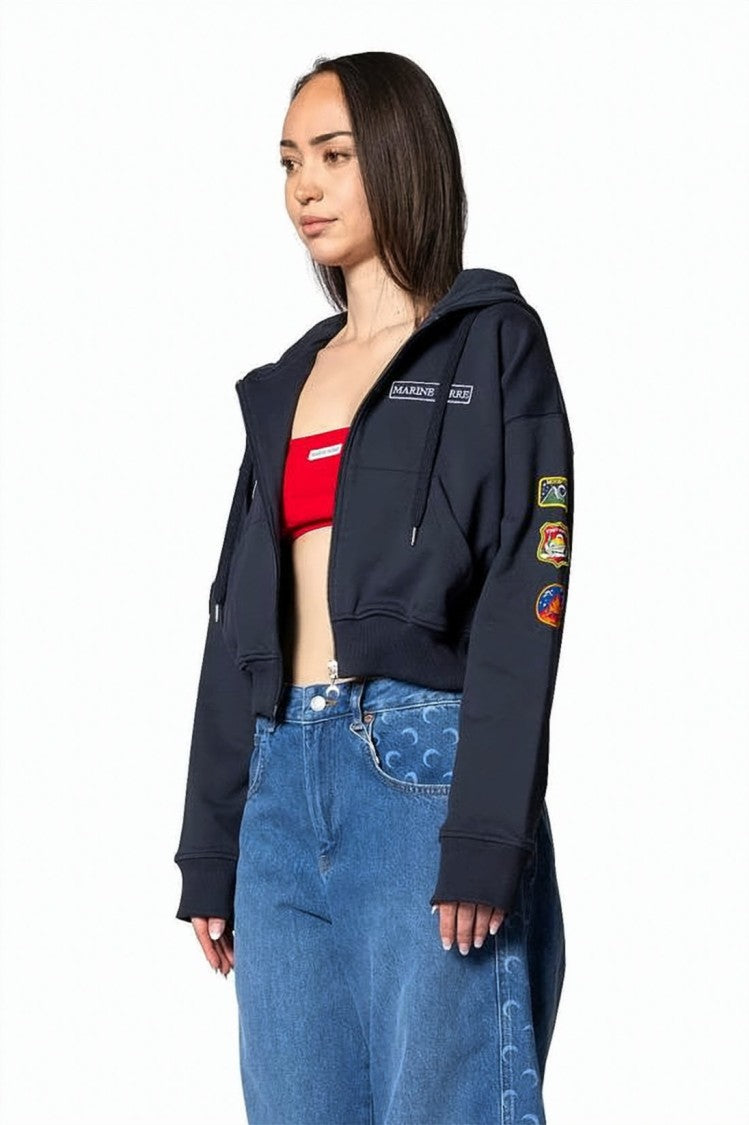 Marine Serre Cropped Zip-Up Hoodie With Colorful Patches