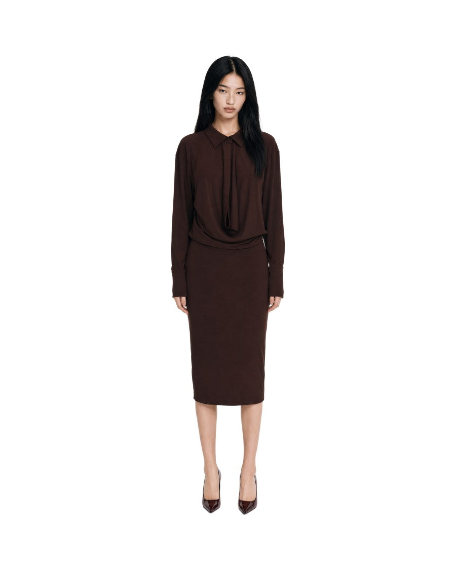 The Andamane Brown Draped Hooded Polyester-Blend Midi Dress