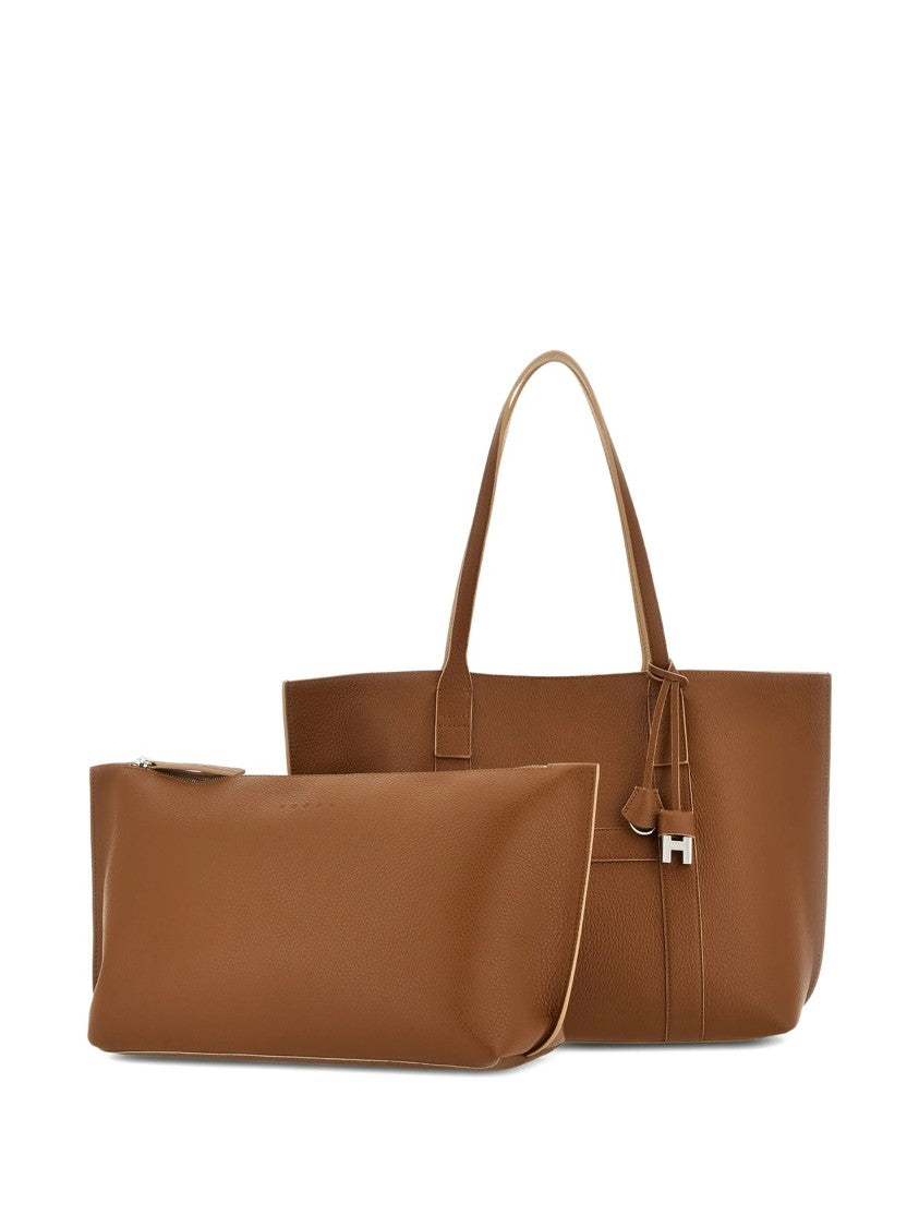 Hogan White Spacious Textured Leather Charm Tote