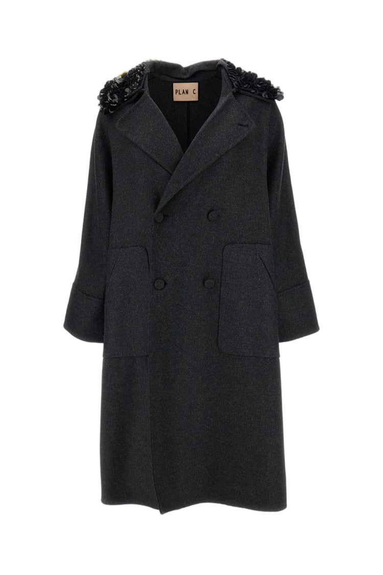 Plan C Melange Grey Sequin Collar Double-Breasted Wool Coat