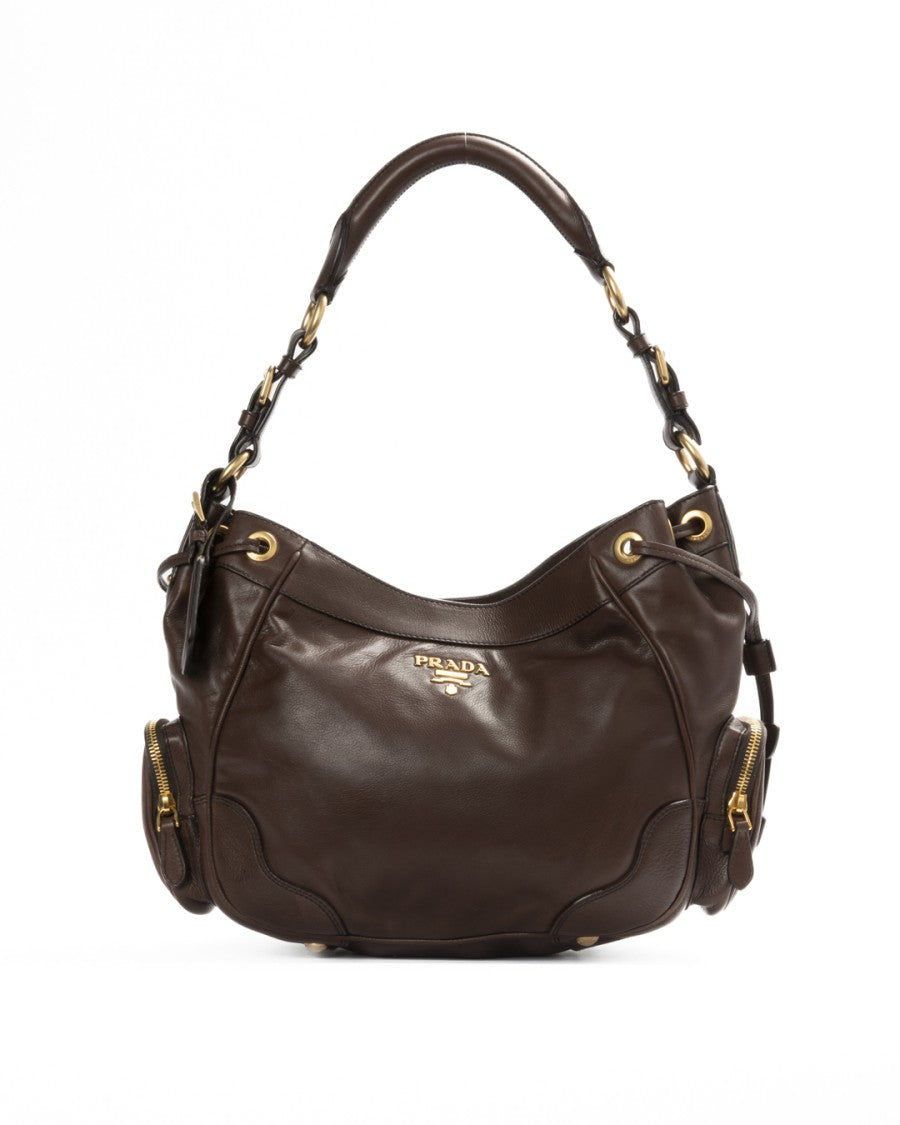Prada Medium Hobo Bag In Smooth Brown Leather With Gold Hardware