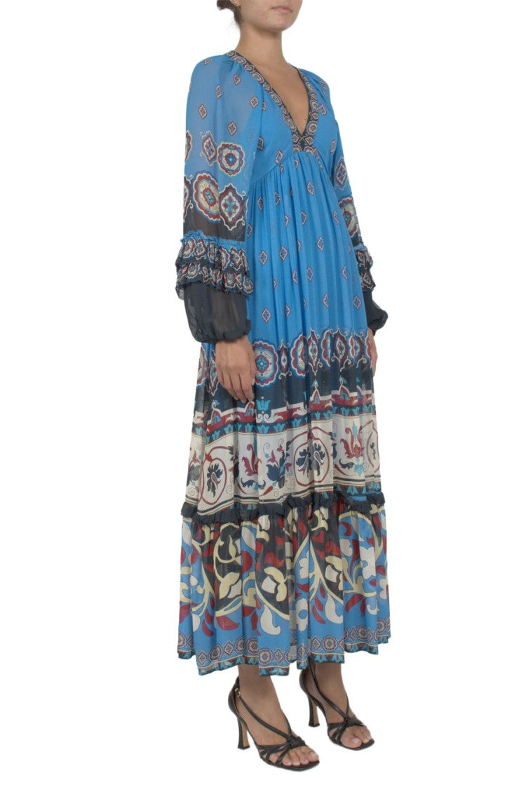 Farm Rio Blue Balloon-Sleeve Printed Viscose Maxi Dress