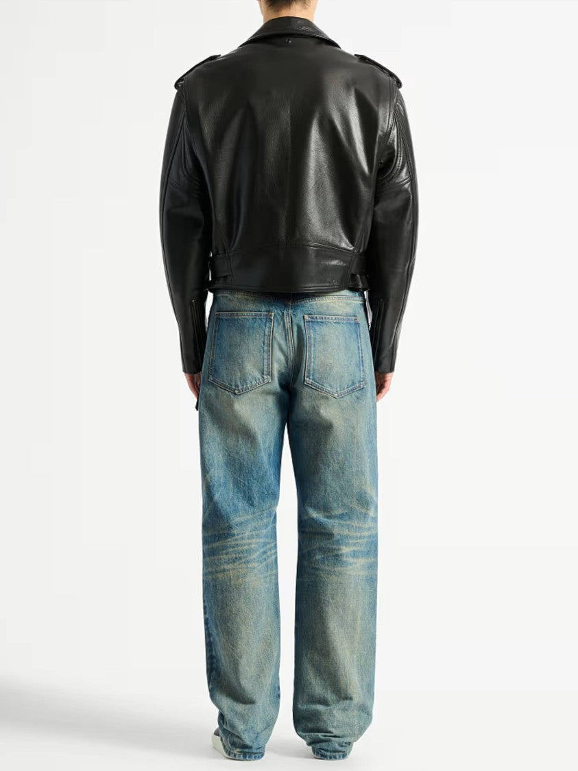 Balmain Black Biker Cropped Leather Jacket