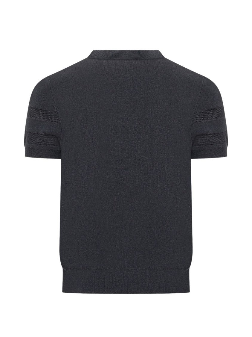 Givenchy Navy Blue Textured Panel Embroidered Knit Top