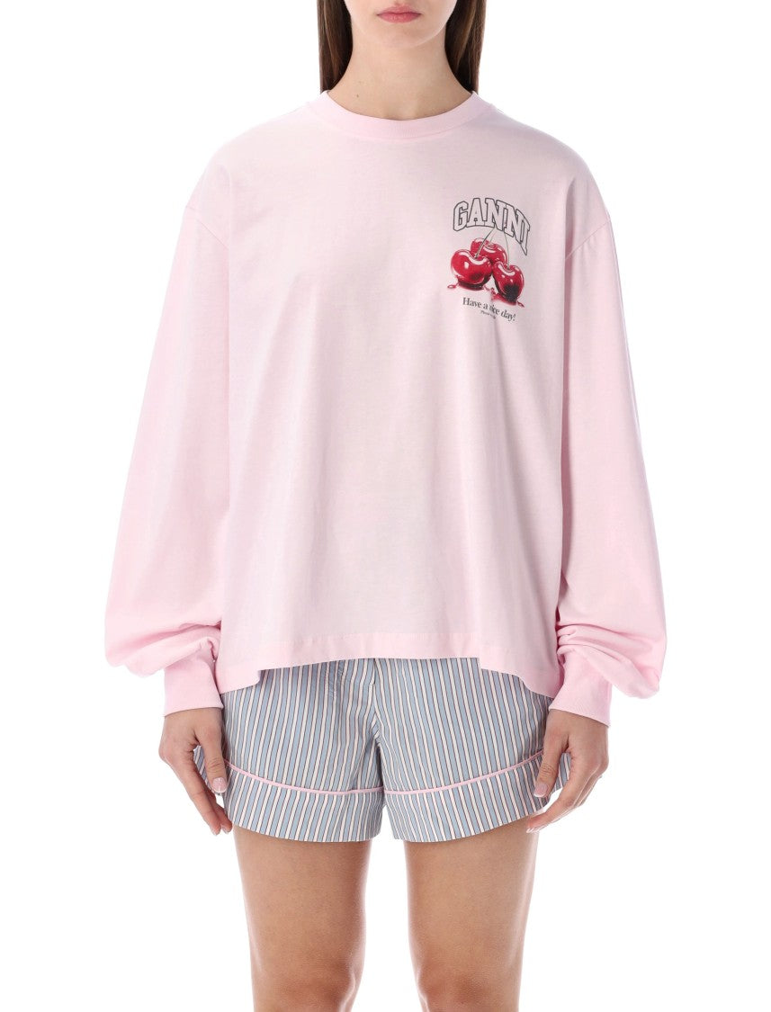 Ganni Pink Ganni Cherry Print Long-Sleeve Tee