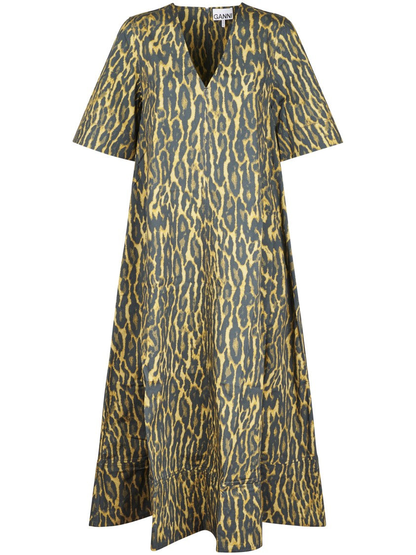 GANNI Green Dress in Leopard Cotton