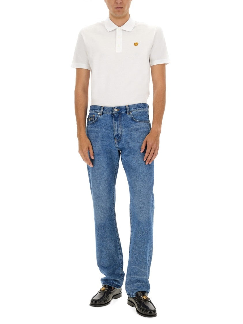 Versace Piquet Polo Shirt With Embroidered Emblem