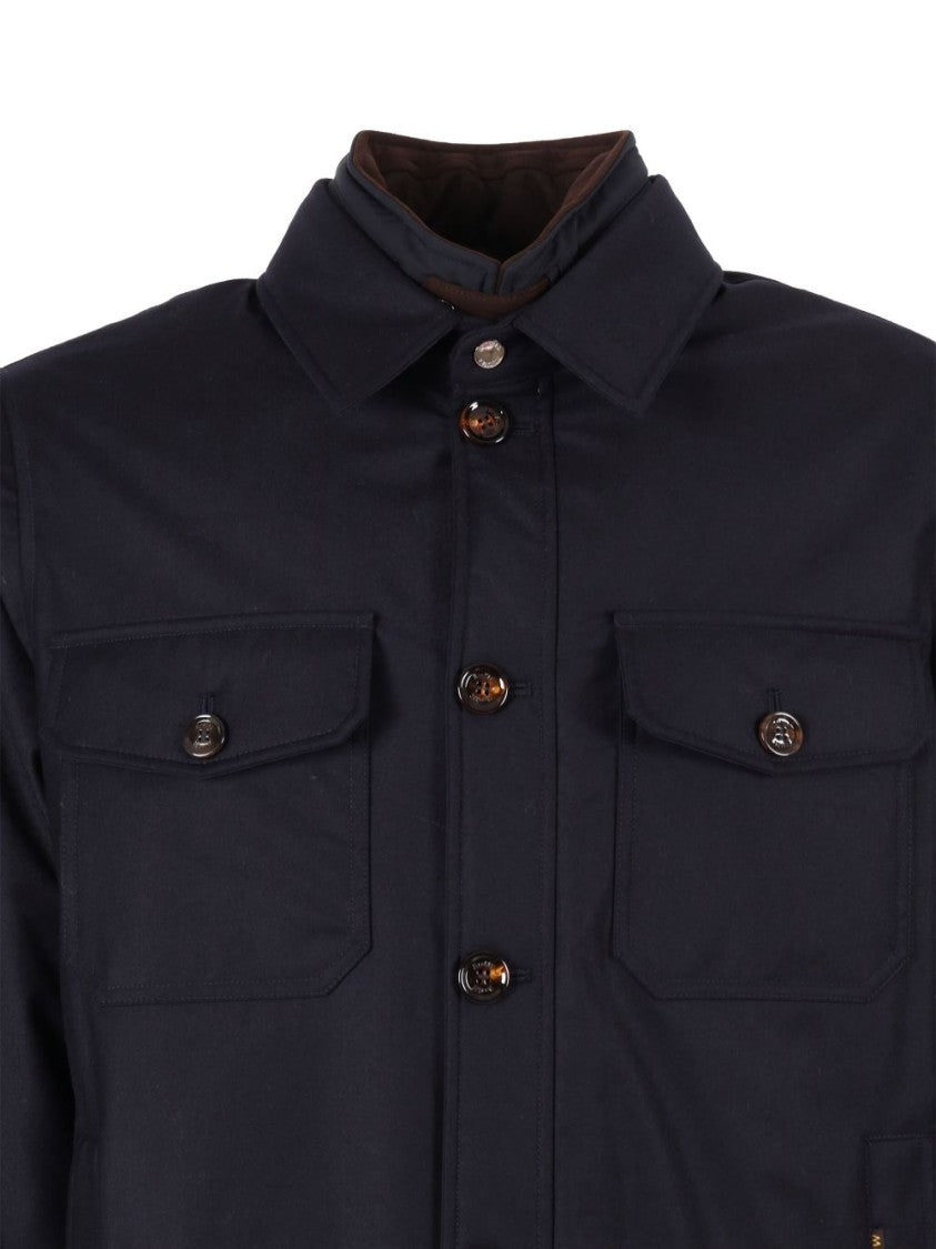 Moorer Navy Blue Wool-Blend Jacket With Flap Patch Pockets