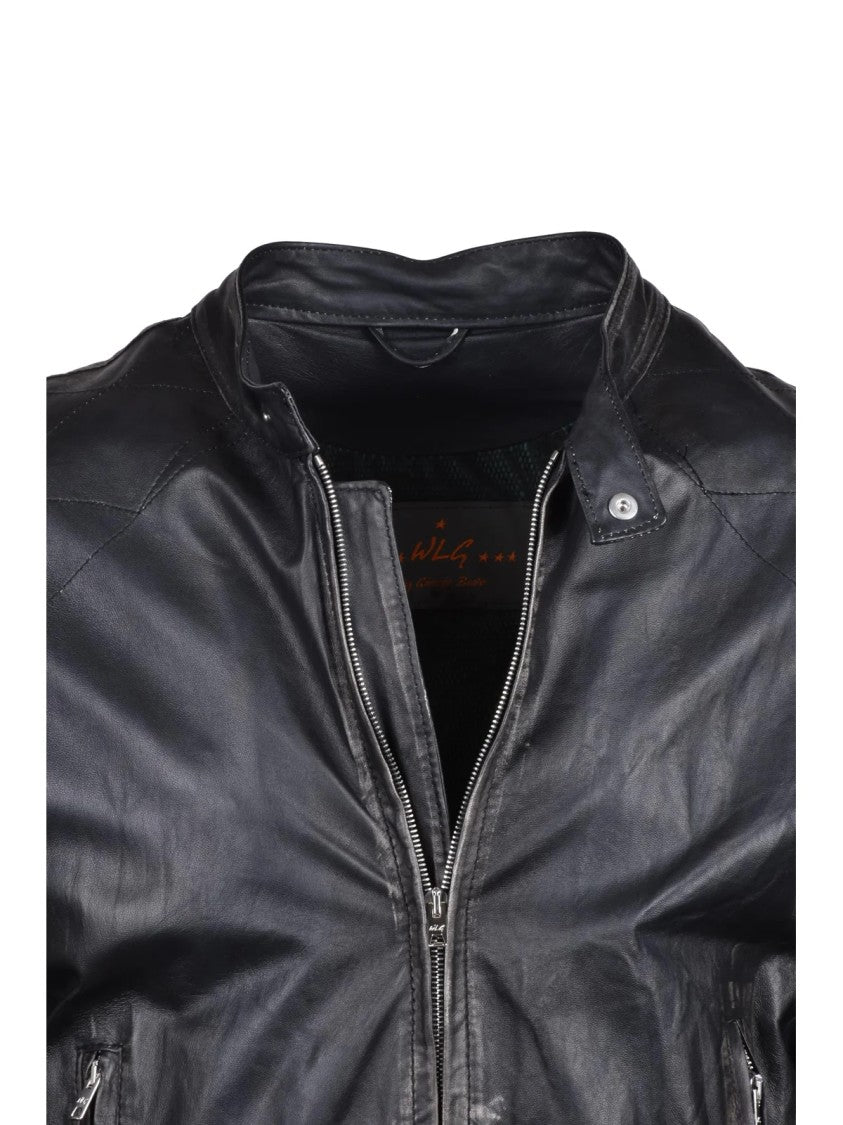 Wlg By Giorgio Brato Black Zippered Pockets Leather Biker Jacket