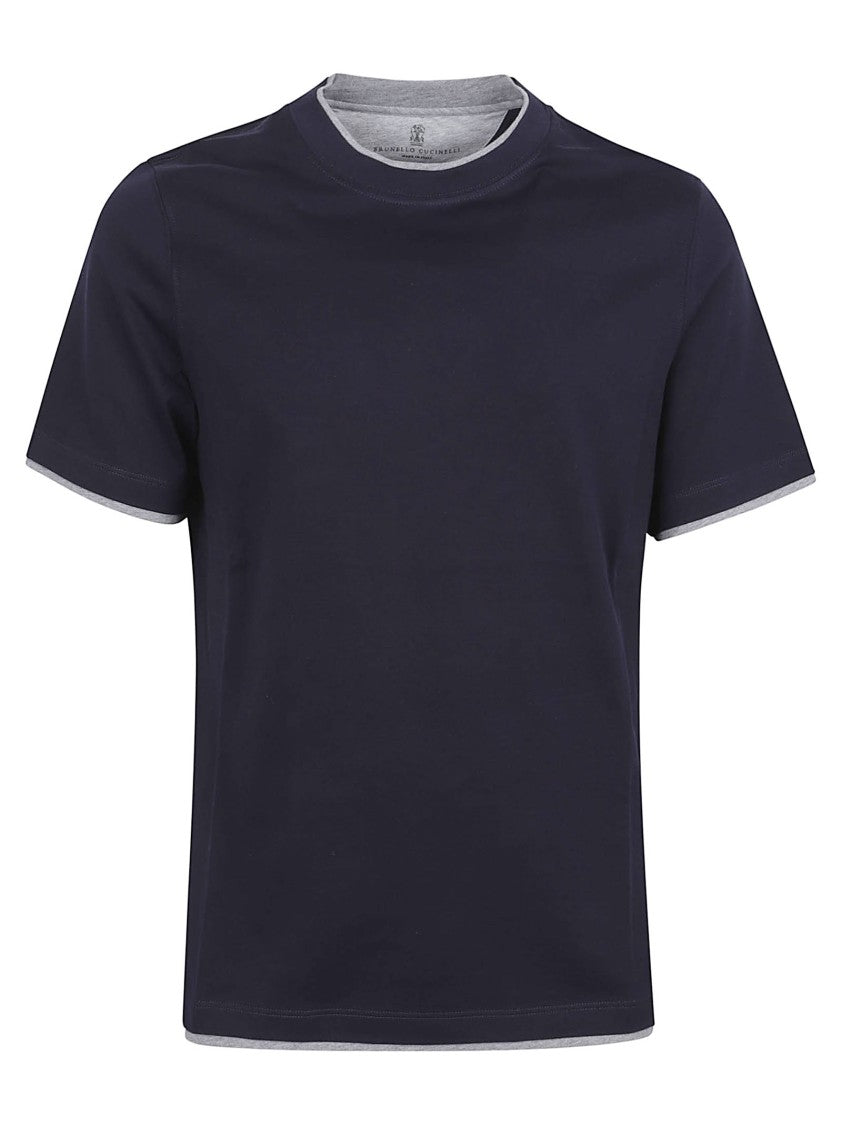 Brunello Cucinelli Blue T-Shirt With Contrast Trim And Crew Neckline