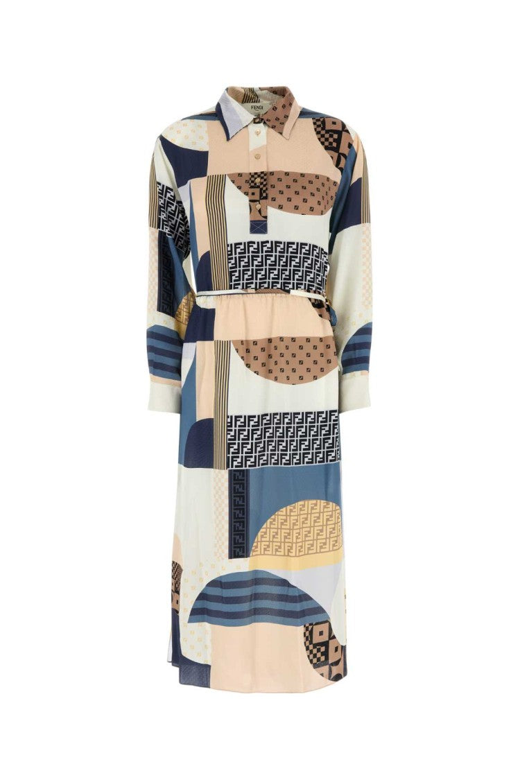 Fendi Geometric Pattern Silk Dress With Belted Waist