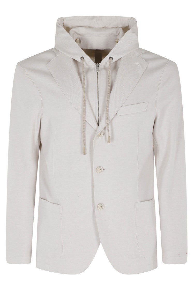 Eleventy Light Beige Single-Breasted Removable-Hood Cotton-Blend Blazer