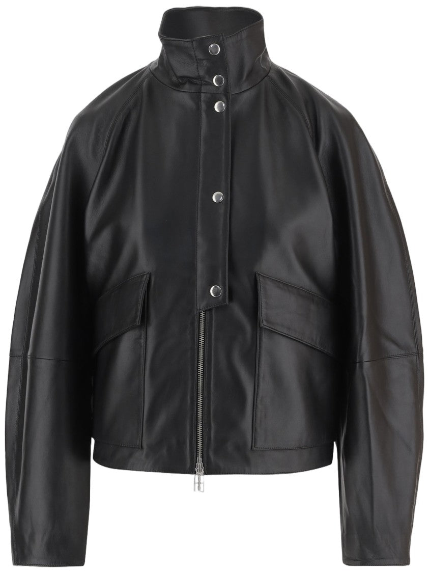 By Malene Birger High Collar Black Leather Jacket With Flap Pockets