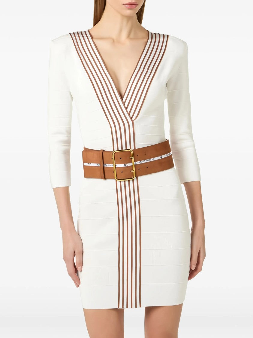 Elisabetta Franchi Fitted White Brown Stripe Belted Dress