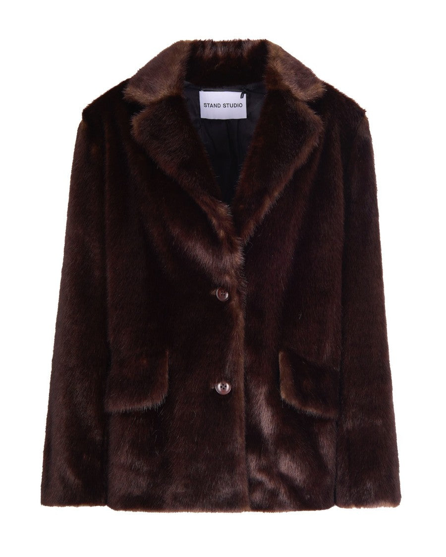 Stand Studio Straight Silhouette Synthetic Fur Jacket With Oversized Shoulders