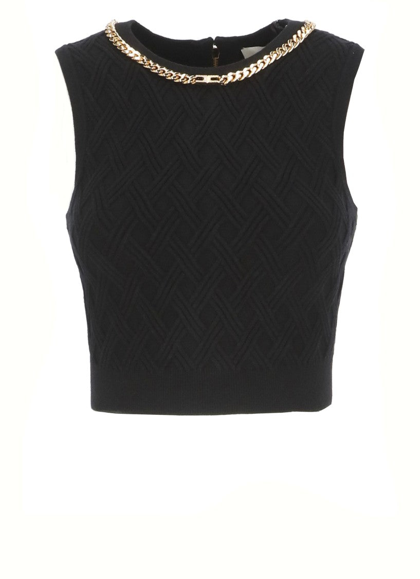 Elisabetta Franchi Textured Geometric Pattern Black Sweater