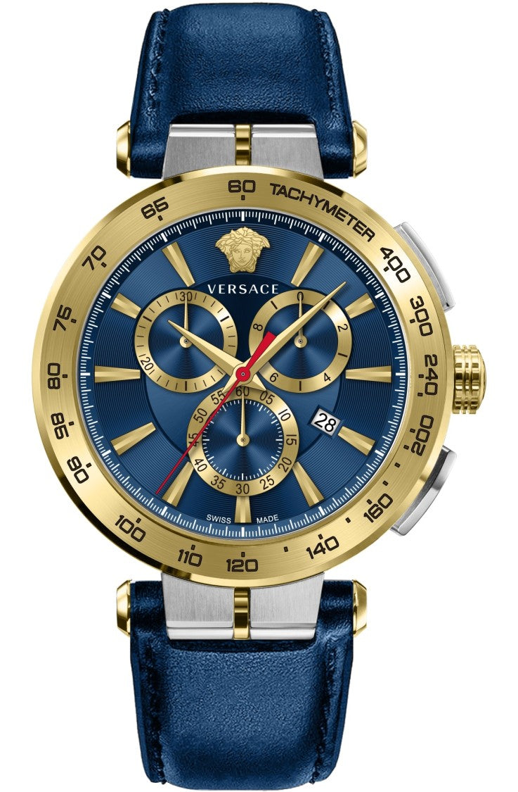 Versace Chronograph Watch With Blue Dial And Leather Strap