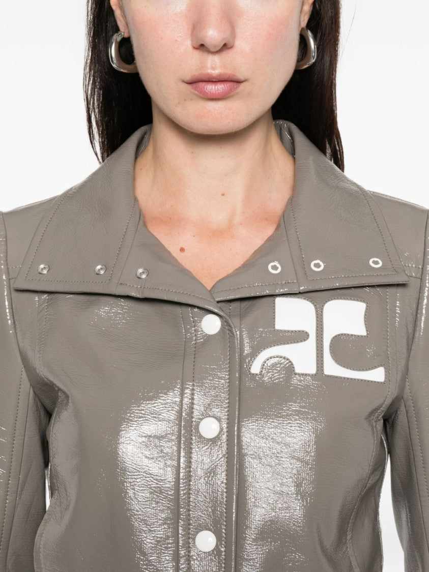 Courrèges Cropped Grey Jacket With Glossy Patent Finish And Bold Logo