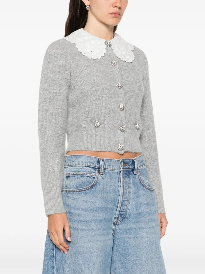 Self-Portrait Light Gray Jeweled Button Cardigan