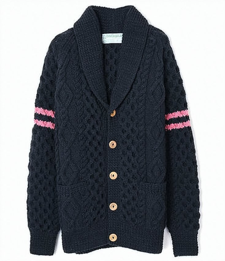 Inverallan Textured Wool Cardigan With Shawl Collar And Bold Stripes