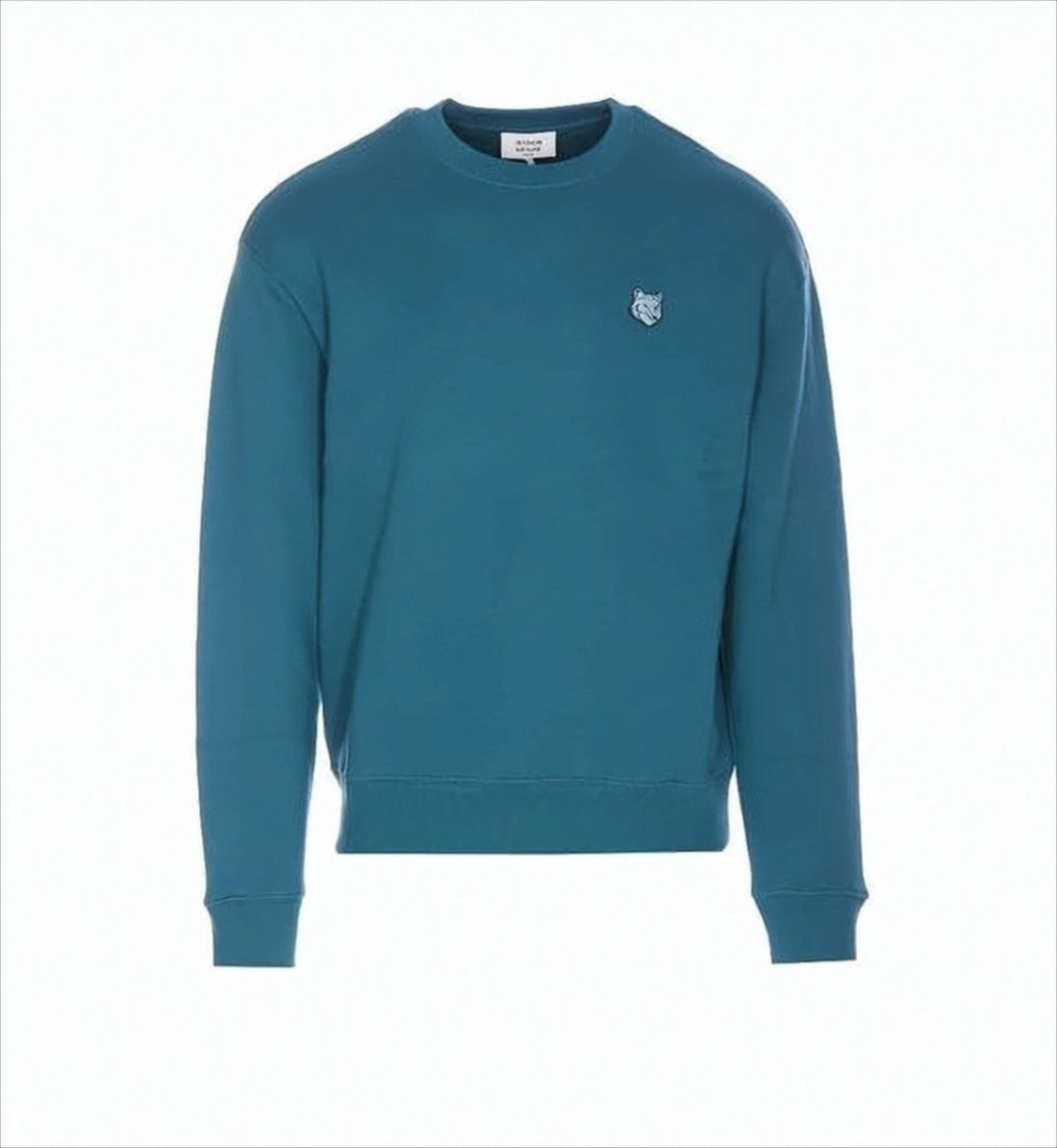 Maison Kitsuné Solid Teal Blue Long-Sleeve Crewneck Sweatshirt With Embroidered Fox Logo