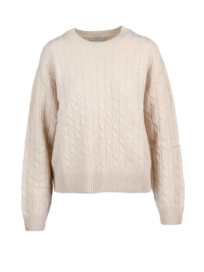 Ballantyne Intricate Cable Knit Crewneck Sweater In Natural Wool
