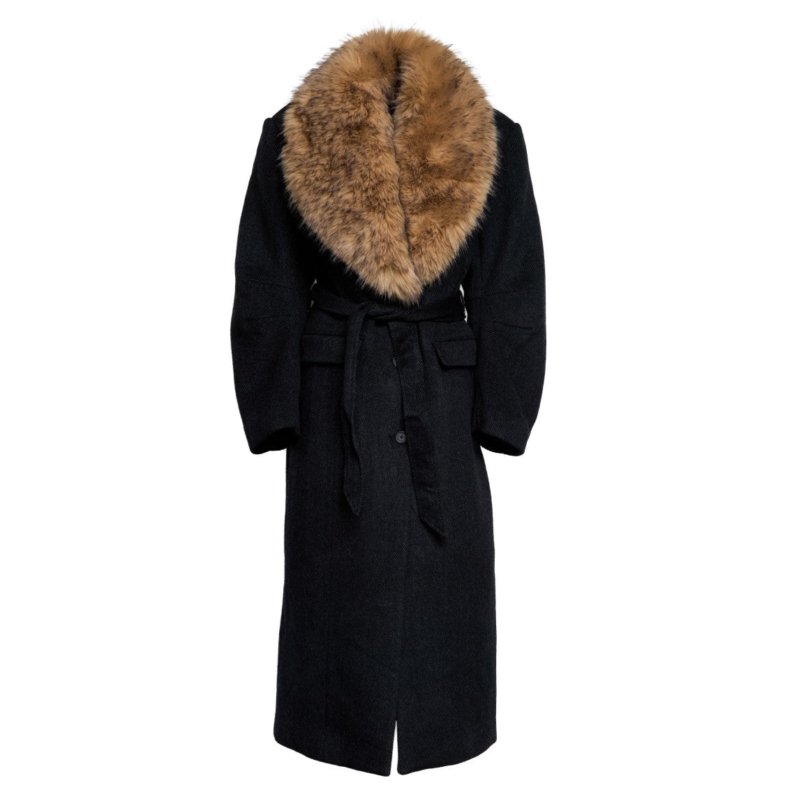 Rotate Black Long Faux Fur Collar Coat