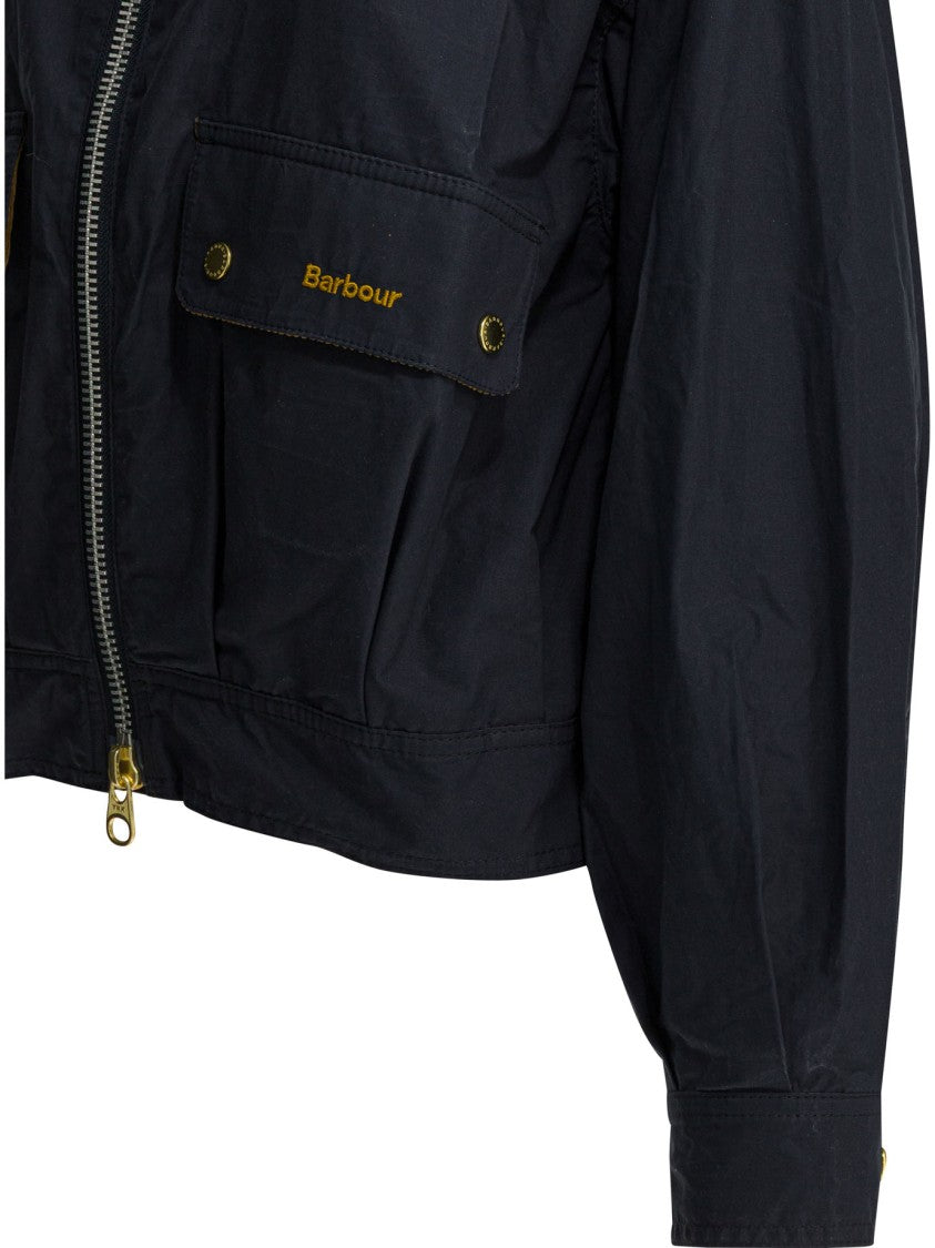 Barbour Cropped Black Cotton Jacket With High Collar And Distinctive Snap Button Details