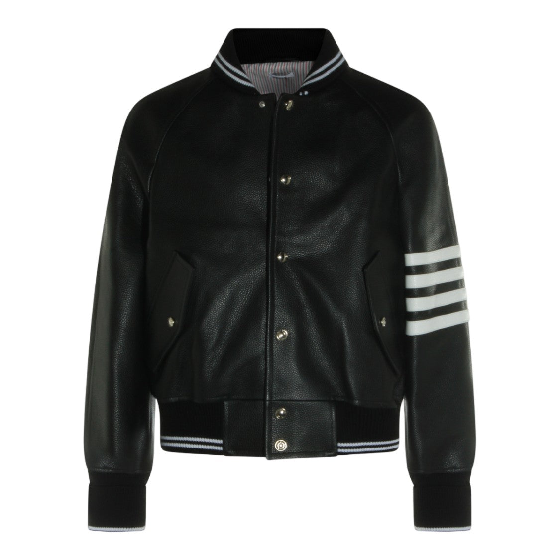 Thom Browne Textured Black Leather Bomber Jacket With Striped Detailing